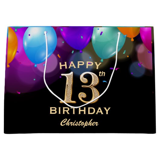 13e verjaardag Zwarte en gouden ballonnen Groot Cadeauzakje (Voorkant)