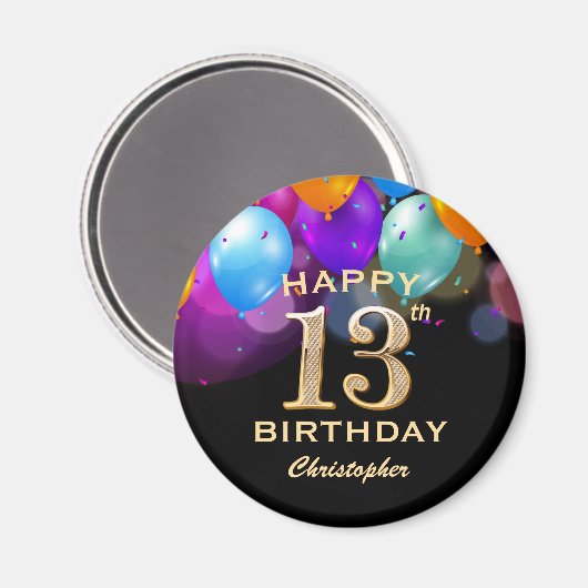 13e verjaardag Zwarte en gouden ballonnen Magneet (Voorkant / Achterkant)