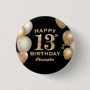 13e verjaardag Zwarte en gouden ballonnen Ronde Button 3,2 Cm