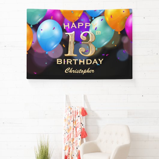 13e verjaardag Zwarte en gouden ballonnen Spandoek (Insitu)