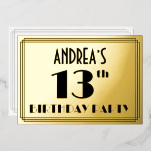13e verjaardagsfeestje — Art Deco-look “13” + naam Folie Uitnodiging
