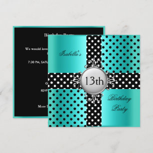 13e verjaardagsfeestje Teal Blauw Zwart Stippenpat Kaart