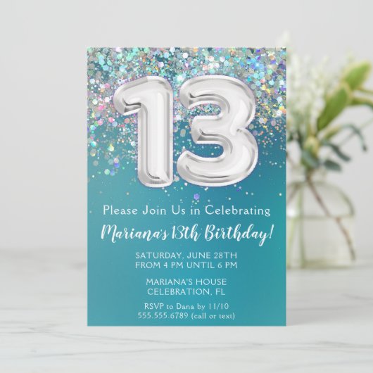 13e Verjaardagsuitnodiging Blauwgroen Zilveren Gli Kaart (Staand voorkant)