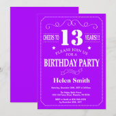 13e verjaardagsuitnodiging Paarse en witte Kaart (Voorkant / Achterkant)