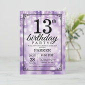 13e verjaardagsuitnodiging Paarse glitter Kaart (Staand voorkant)