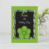 13th Birthday Black White Zebra Green Spot Flower Kaart (Staand voorkant)