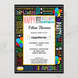 13th Birthday Fun Color Crazy Text op Black Party Kaart
