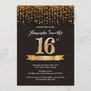 13th Birthday Invitation Black en Gold Glitt6r Kaart