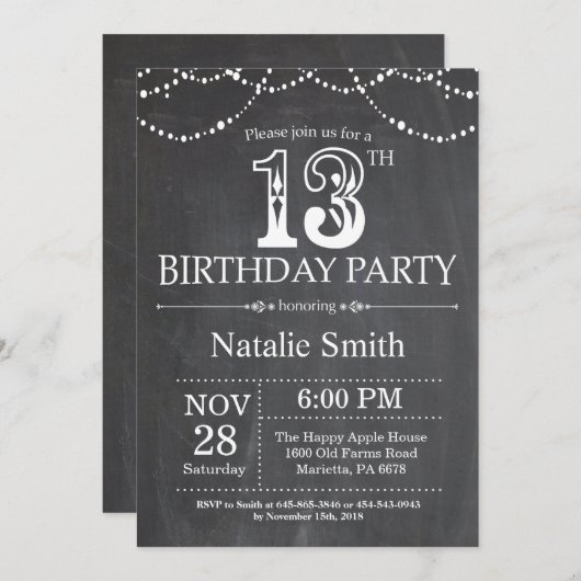 13th Birthday Invitation Chalkboard String Lights Kaart (Voorkant / Achterkant)