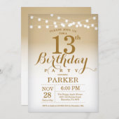 13th Birthday Invitation Gold String Lights Kaart (Voorkant / Achterkant)