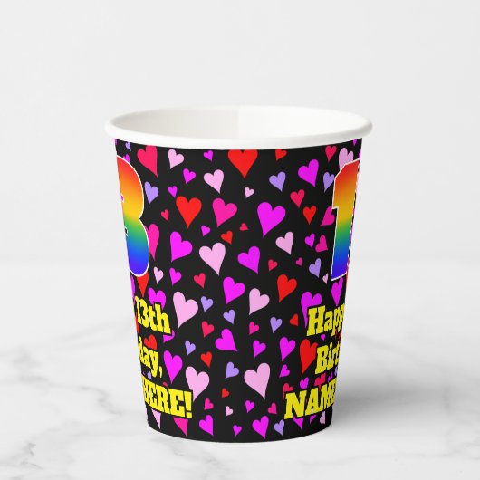 13th Birthday: Loving Hearts Pattern, Rainbow 13 Papieren Bekers (Links)
