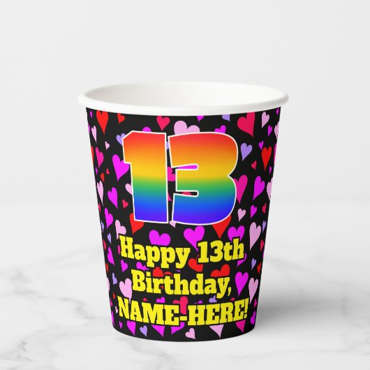 13th Birthday: Loving Hearts Pattern, Rainbow 13 Papieren Bekers (Voorkant)