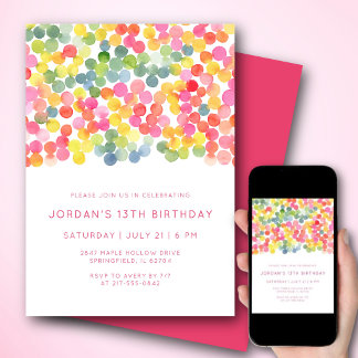 13th Birthday Modern Watercolor Dots Bold Pink Kaart