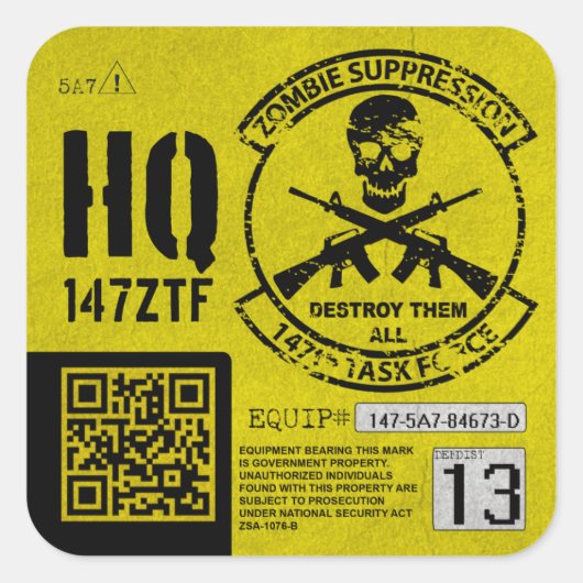 147e Zombie Task Force Headquarters Unit ID Vierkante Sticker (Voorkant)