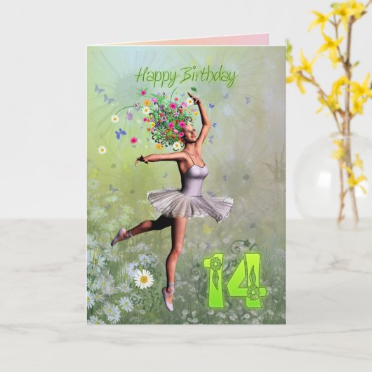 14 ans, carte d'anniversaire fée fée (Fleur jaune)