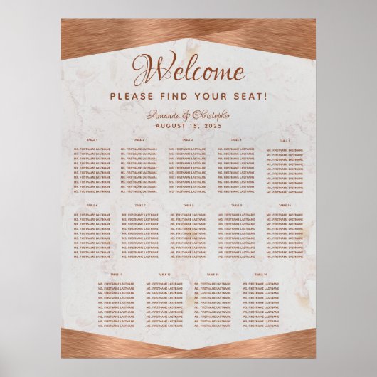14-delige tafel trouwzaal zitplaatskaart koper mar poster (Voorkant)