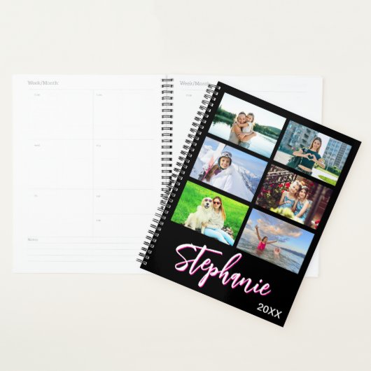 14 Photo Collage Personalized Hot Pink Black Planner (Display)