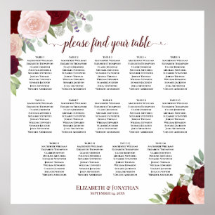 14 Tabel Rood en roze Floral Wedding Seating Chart Poster