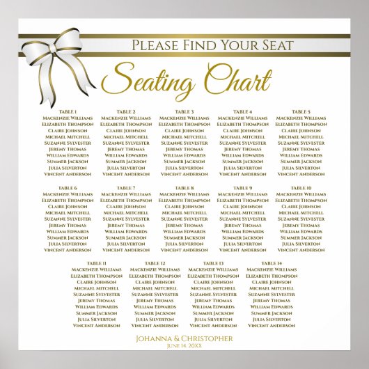 14 Tabel White & Gold Ribbon Wedding Seating Chart Poster (Voorkant)