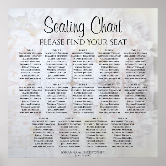 14 Tabel White Peonies Wedding Seating Chart Poster (Voorkant)