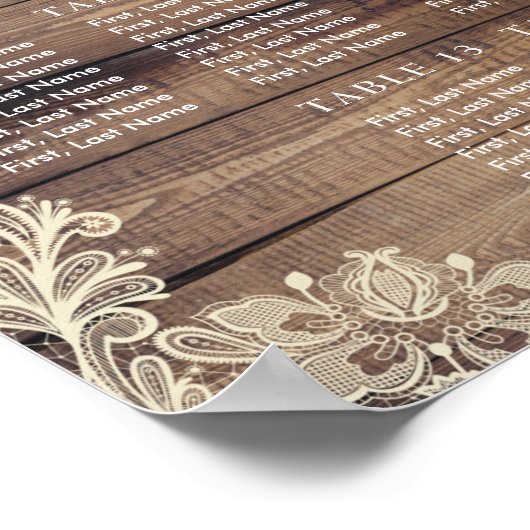 14 Tabellen Rustic Wood & Lace Wedding Seating Cha Poster (Hoek)