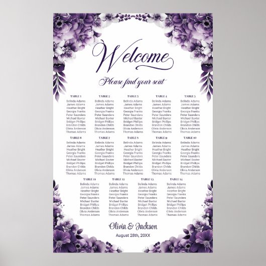 14 Tafel Paarse Bloemenbruiloft Zitkaarten Poster (Voorkant)