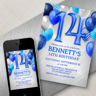 14e anniversaire Ballons Bleus Invitation