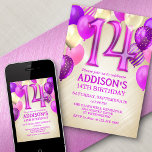 14e anniversaire Ballons roses Invitation<br><div class="desc">Une fête, une fête entière, et rien d'autre qu'une fête. C'est ce qu'il y a dans cette conception d'anniversaire. Avec ses numéros audacieux et sa typographie élégante entourée de ballons, ce design est aussi chic, tendance et flirtant qu'elle l'est. Les couleurs rose, magenta et or donnent un air féministe et...</div>