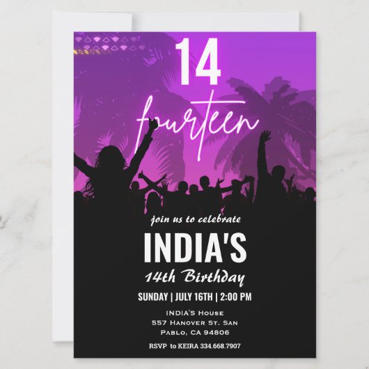 14e anniversaire fête Pink Neon Invitation (Devant)