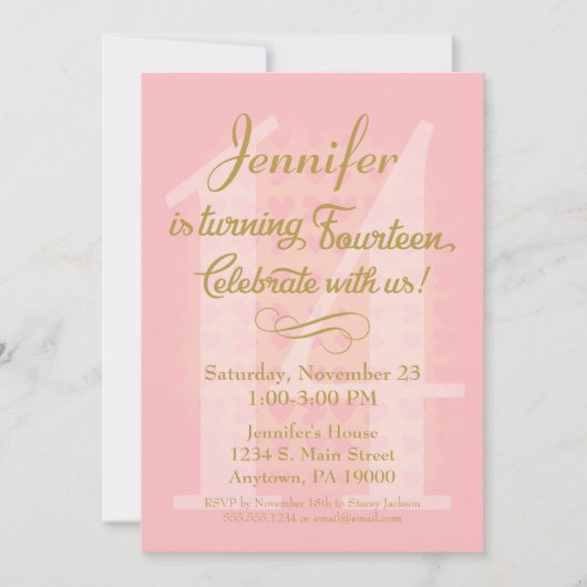 14e anniversaire Invitation Filles Coeurs d'or ros (Devant)