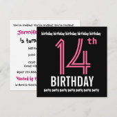 14e anniversaire Invitation Modèle rose noir (Devant / Derrière)