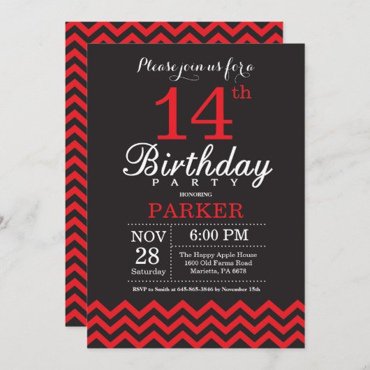14e anniversaire Invitation Noir et Rouge (Devant / Derrière)