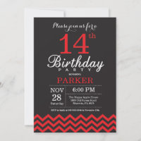 14e anniversaire Invitation Noir et Rouge