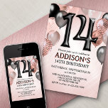 14e anniversaire Rose Gold Ballons Invitation<br><div class="desc">Une fête, une fête entière, et rien d'autre qu'une fête. C'est ce qu'il y a dans cette conception d'anniversaire. Avec ses numéros audacieux et sa typographie élégante entourée de ballons, ce design est aussi chic, tendance et flirtant qu'elle l'est. L'or rose et les couleurs noires confèrent à l'ensemble un aspect...</div>