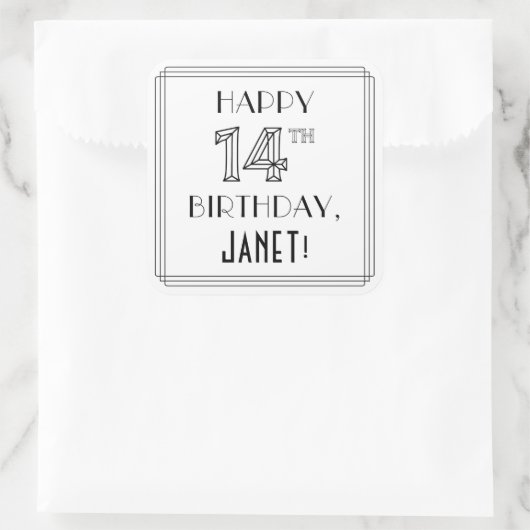 14E BIRTHDAY, Art Deco Style, aangepaste naam Vierkante Sticker (Tas)