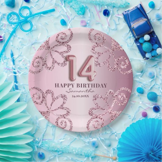14e Birthday Pink Princess Glitter-ballonschrift Papieren Bordje (Feest)