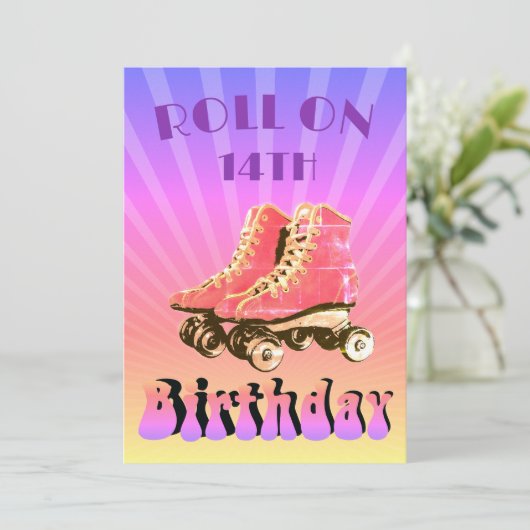 14e Birthday Retro Roller Schaats Paarse zonnestra Kaart (Staand voorkant)