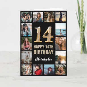 14e Happy Birthday Black en Gold Photo Collage Kaart