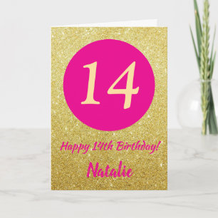 14e Happy Birthday Hot Pink en Gold Glitter Kaart