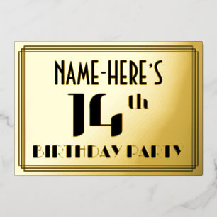 14e verjaardag: Art Deco Kijk "14" en naam Folie Uitnodiging