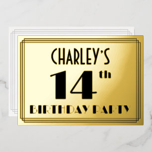 14e verjaardag — Art Deco look "14" + Naam Folie Uitnodiging