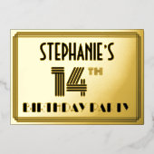 14e verjaardag — Art Deco Style "14" en naam Folie Uitnodiging (Voorkant)