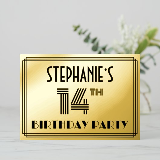 14e verjaardag — Art Deco Style "14" en naam Folie Uitnodiging (Staand Voorkant)