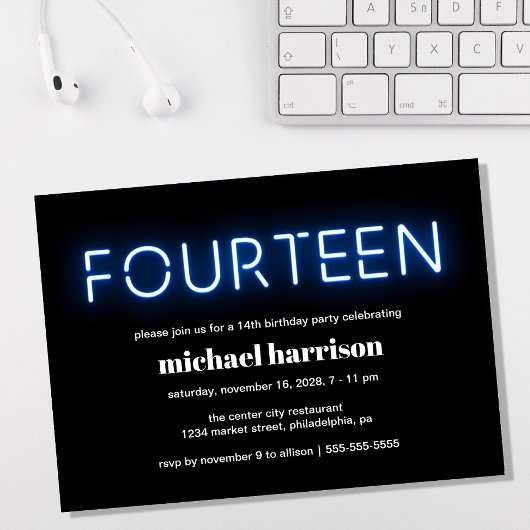 14e verjaardag Blauwe Neon Lichten Kaart
