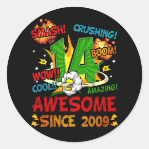 14e verjaardag Comic Style Geweldige sinds 2009 14 Ronde Sticker