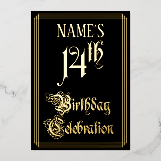 14e verjaardag — Fancy script en aangepaste naam Folie Uitnodiging (Voorkant)