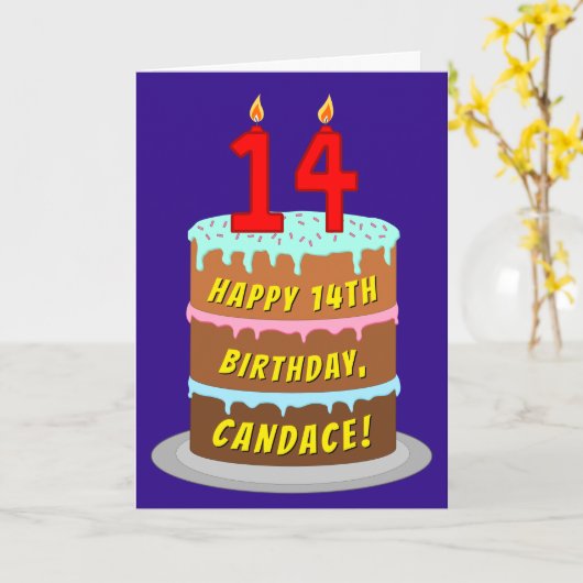 14e verjaardag: Fun Cake and Candles + Custom Name Kaart (Gele Bloem)