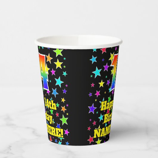 14e verjaardag: Fun Stars Pattern en Rainbow 14 Papieren Bekers (Links)
