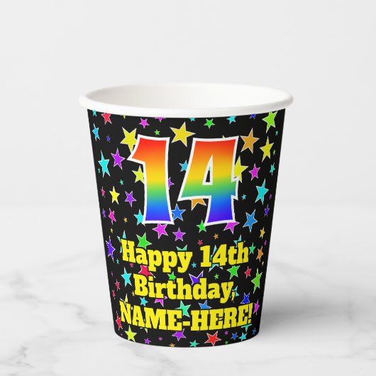 14e verjaardag: Fun Stars Pattern en Rainbow 14 Papieren Bekers (Voorkant)