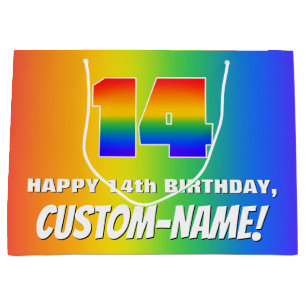 14e verjaardag: kleurrijk, vun regenboogpatroon # groot cadeauzakje